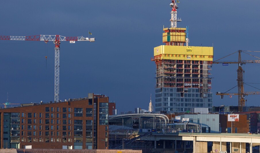 High-rise building Redi under construction with a crane beside it at the new Kalasatama residential and business area of Helsinki, Finland. KYEHT0 High-rise building Redi under construction with a crane beside it at the new Kalasatama residential and business area of Helsinki, Finland.